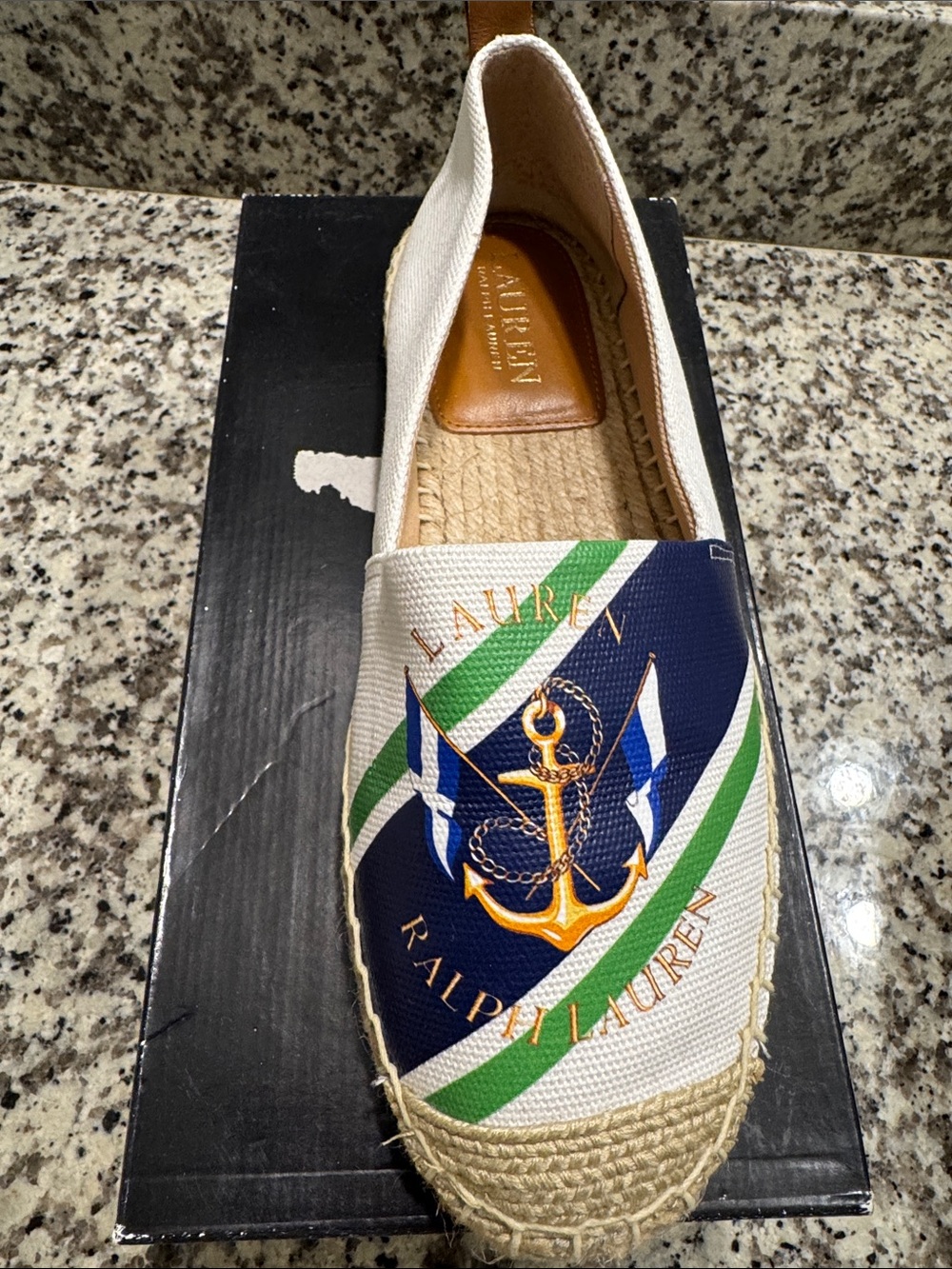 Ralph Lauren White Canvas Espadrille with Navy & Green Anchor Motif